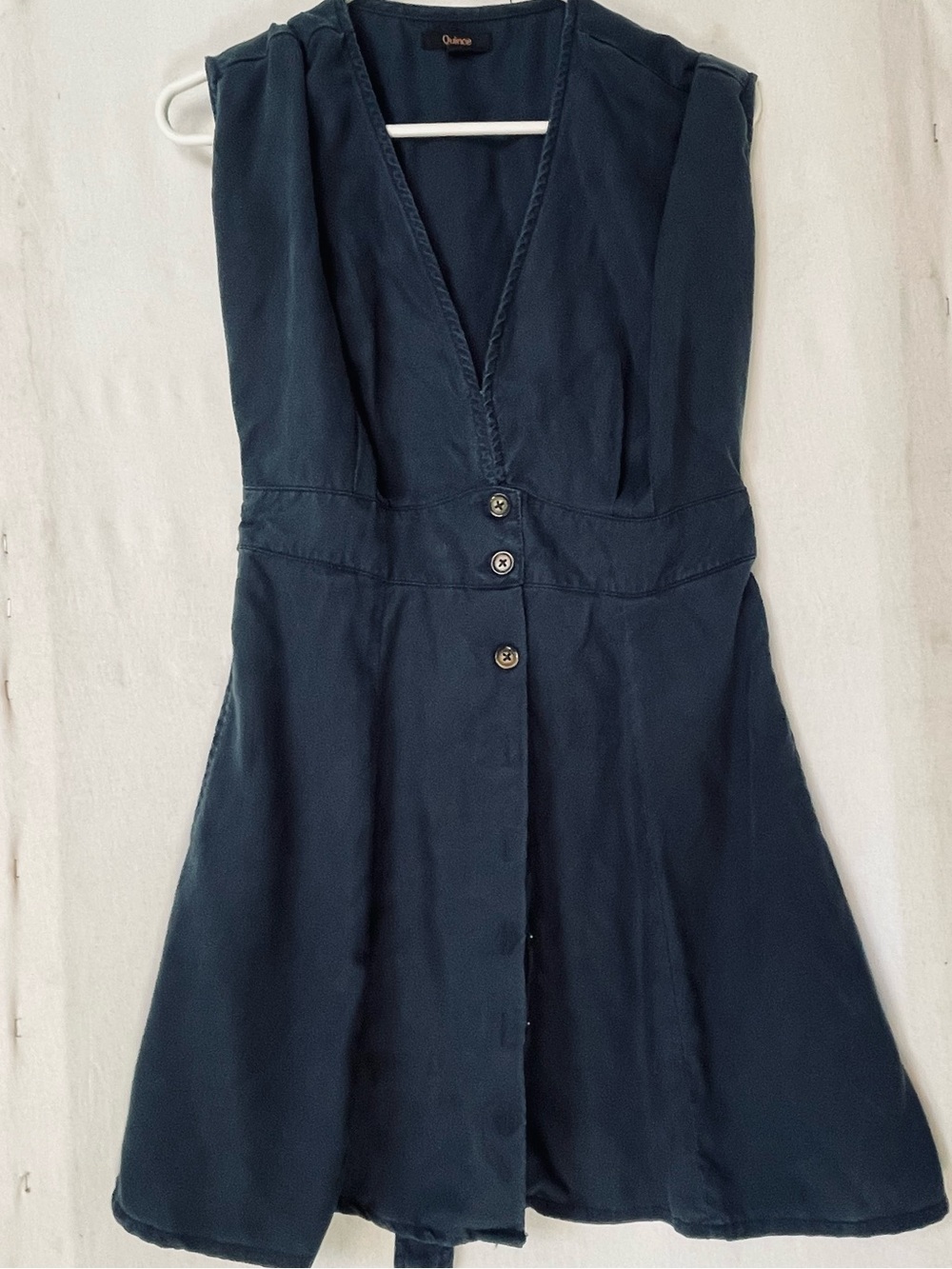 Quince Dark Navy V-Neck Button-Front Sleeveless Dress